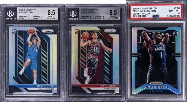 Lot of (3) 2018-19 Panini Prizm Silver Rookie Cards Luka Doncic, Zion Williamson & Trae Young - BGS & PSA Graded